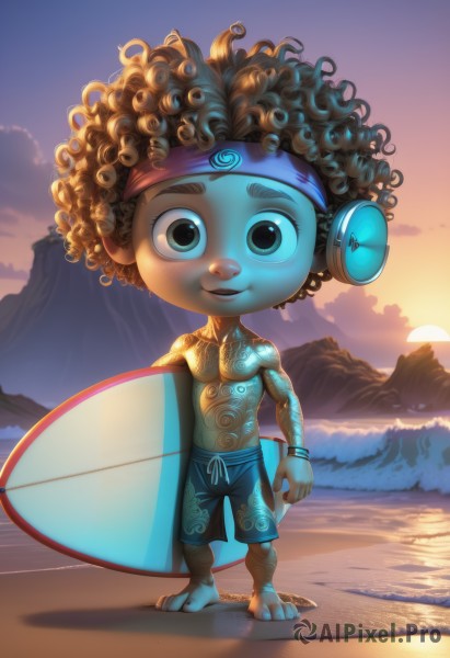 solo,looking at viewer,smile,blue eyes,brown hair,1boy,holding,standing,full body,male focus,outdoors,sky,barefoot,cloud,dark skin,water,tattoo,headband,headphones,ocean,beach,dark-skinned male,child,curly hair,topless male,sunset,mountain,sand,sun,male child,male swimwear,very dark skin,mountainous horizon,swim trunks,sunrise,dreadlocks,surfboard,afro,navel,jewelry,shorts,messy hair,full-body tattoo