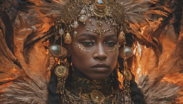 1girl,solo,long hair,looking at viewer,black hair,hair ornament,jewelry,braid,earrings,parted lips,teeth,artist name,dark skin,necklace,blurry,black eyes,twin braids,dark-skinned female,lips,grey eyes,eyelashes,blurry background,facial mark,feathers,gem,portrait,circlet,realistic,headdress,feather hair ornament,gold,closed mouth,makeup,chain,freckles,gold chain