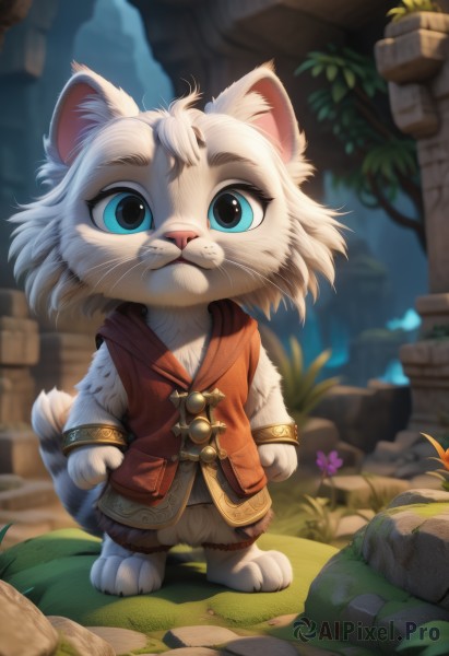 solo,looking at viewer,short hair,blue eyes,1boy,animal ears,jewelry,closed mouth,standing,tail,full body,flower,white hair,male focus,outdoors,sleeveless,artist name,cat ears,blurry,tree,no humans,blurry background,animal,cat,grass,plant,:<,furry,rock,furry female,furry male,white fur,animal nose,long sleeves,cat tail,animal focus,whiskers