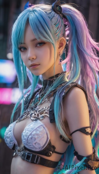 1girl,solo,long hair,breasts,looking at viewer,bangs,blue eyes,hair ornament,twintails,jewelry,medium breasts,closed mouth,underwear,blue hair,swimsuit,upper body,pink hair,bikini,multicolored hair,earrings,small breasts,belt,necklace,bra,blurry,two-tone hair,lips,parted bangs,aqua hair,blurry background,realistic,arm strap,bare shoulders,sidelocks,armor,nose,bikini armor