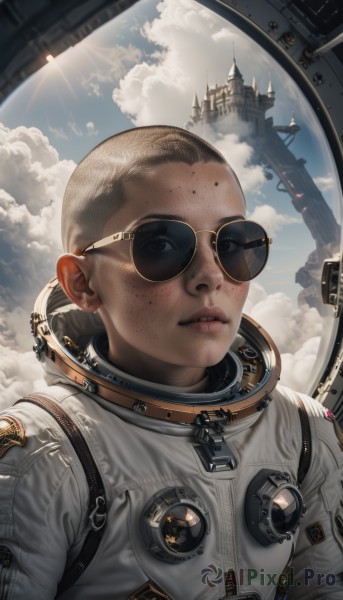 solo,looking at viewer,blonde hair,1boy,upper body,male focus,parted lips,sky,teeth,day,cloud,blue sky,lips,sunglasses,cloudy sky,zipper,freckles,realistic,round eyewear,sun,bald,spacesuit,astronaut,1girl,sunlight,science fiction,planet,dirty,spacecraft