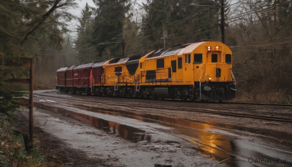 outdoors,day,tree,dutch angle,no humans,grass,ground vehicle,nature,scenery,motor vehicle,forest,reflection,sign,car,road,vehicle focus,train,railroad tracks,truck,water,realistic,bare tree,puddle