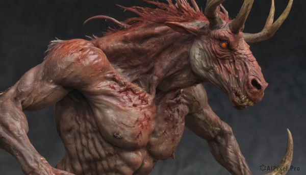 solo,1boy,nipples,yellow eyes,upper body,male focus,horns,teeth,orange eyes,no humans,blood,muscular,fangs,abs,sharp teeth,veins,monster,realistic,ribs,horror (theme),injury,scales,antlers,multiple horns