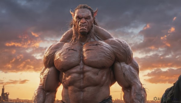 solo,long hair,looking at viewer,red eyes,1boy,navel,animal ears,nipples,upper body,male focus,outdoors,horns,sky,teeth,cloud,stomach,muscular,facial hair,fangs,scar,abs,cloudy sky,pectorals,muscular male,building,bara,glowing eyes,beard,scar on face,furry,large pectorals,veins,topless male,sunset,mature male,scar across eye,furry male,manly,chest hair,biceps,arm hair,hairy,tusks,thick arms,veiny arms,short hair,black hair,thick eyebrows,backlighting,realistic,cow ears,cow horns,navel hair,sunrise,cow boy