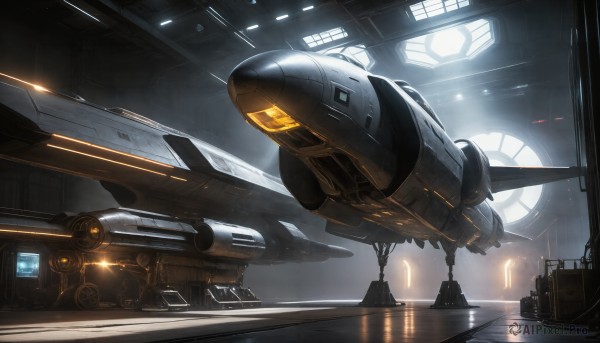 HQ,signature,military,no humans,robot,flying,science fiction,realistic,aircraft,military vehicle,airplane,vehicle focus,spacecraft,lights,jet,cockpit,fighter jet,thrusters,indoors,window,scenery,machinery,light,space