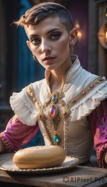 1girl,solo,looking at viewer,short hair,black hair,long sleeves,1boy,brown eyes,jewelry,upper body,male focus,earrings,frills,parted lips,food,indoors,necklace,mole,blurry,black eyes,lips,mole under eye,makeup,blurry background,table,brooch,gem,androgynous,plate,realistic,nose,very short hair,bread,dress,sitting,gold,mole on cheek