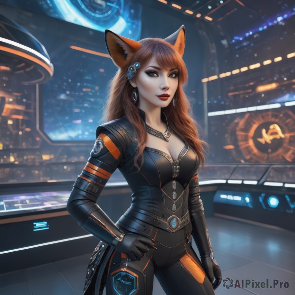 1girl,solo,long hair,breasts,looking at viewer,smile,blue eyes,brown hair,hair ornament,gloves,animal ears,cleavage,brown eyes,jewelry,medium breasts,standing,tail,cowboy shot,earrings,black gloves,cat ears,necklace,mole,lips,hand on hip,fox ears,bodysuit,makeup,fox tail,lipstick,eyeshadow,zipper,science fiction,black bodysuit,red lips,eyeliner,red hair,indoors,realistic