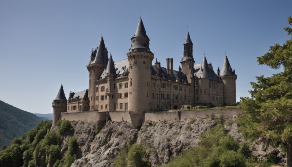 outdoors,sky,day,tree,blue sky,no humans,grass,building,nature,scenery,forest,mountain,castle,tower,landscape,rock,fantasy,cliff