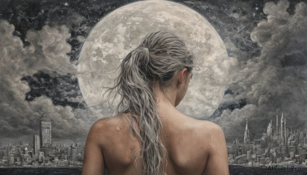 1girl,solo,long hair,upper body,ponytail,grey hair,nude,outdoors,sky,cloud,from behind,night,back,traditional media,moon,cloudy sky,building,star (sky),night sky,full moon,freckles,city,facing away,cityscape,painting (medium),back focus,grey theme,1boy,male focus,topless male