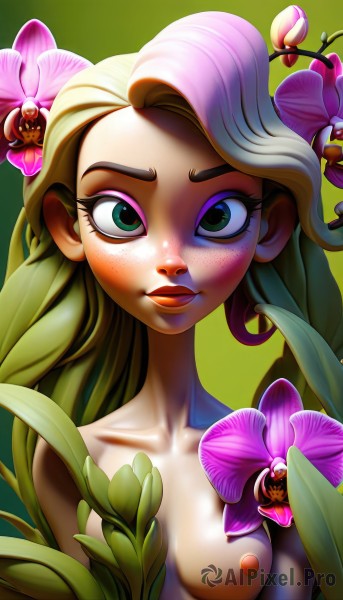 1girl,solo,long hair,breasts,looking at viewer,blonde hair,simple background,hair ornament,closed mouth,nipples,green eyes,collarbone,upper body,flower,nude,multicolored hair,small breasts,green hair,hair flower,lips,eyelashes,makeup,leaf,plant,lipstick,pink flower,eyeshadow,freckles,green background,mascara,two-tone hair,gradient