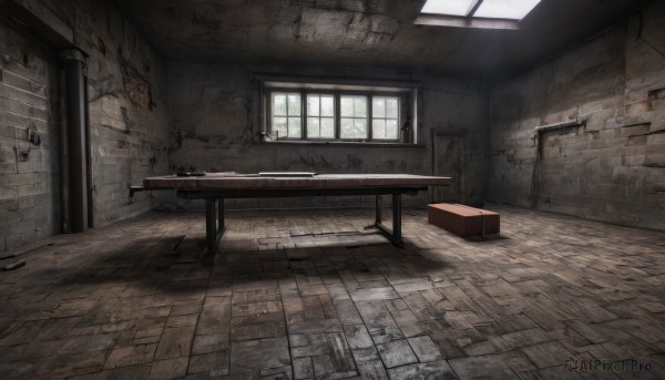 day,indoors,no humans,window,chair,table,sunlight,scenery,couch,wooden floor,door,wall,ruins,brick wall,light rays,tiles,tile floor,broken,brick,cracked wall,brick floor