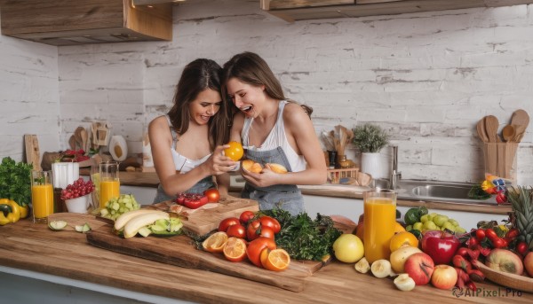 long hair,breasts,open mouth,bangs,multiple girls,brown hair,black hair,holding,2girls,cleavage,bare shoulders,closed eyes,food,sleeveless,indoors,apron,cup,fruit,eating,table,tank top,holding food,plant,plate,drinking glass,drinking straw,realistic,apple,carrot,white tank top,orange (fruit),kitchen,lemon,tomato,vegetable,counter,lettuce,cutting board,onion,juice,bag,knife,alcohol,bowl,mug,bread,holding fruit,beer,beer mug,banana,potato,pineapple