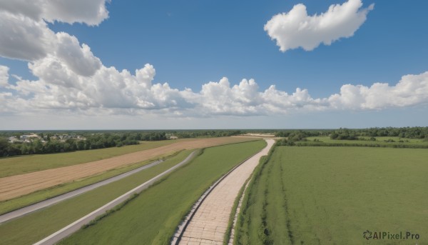 outdoors,sky,day,cloud,tree,blue sky,no humans,cloudy sky,grass,nature,scenery,road,field,landscape,path,hill,forest,horizon