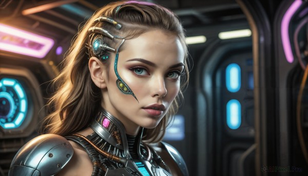 HQ,1girl,solo,long hair,looking at viewer,blue eyes,blonde hair,brown hair,green eyes,upper body,armor,blurry,lips,makeup,blurry background,headgear,portrait,forehead,freckles,science fiction,realistic,nose,cable,cyborg,hair pulled back,cyberpunk,parted lips,aqua eyes,eyelashes,bodysuit,close-up,earpiece,hologram