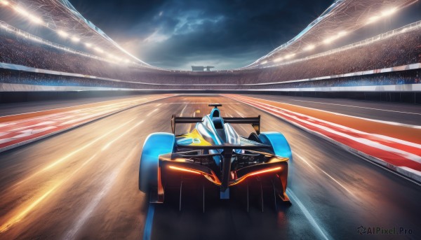 outdoors,sky,cloud,no humans,sunlight,cloudy sky,ground vehicle,scenery,motor vehicle,light rays,car,light,road,vehicle focus,train station,stadium,seat,solo,1boy,science fiction,realistic