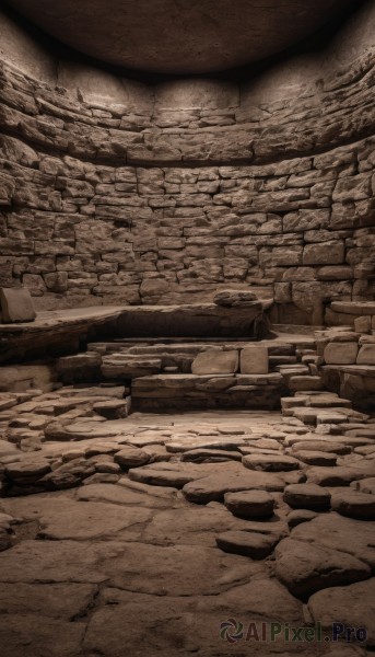 monochrome,no humans,traditional media,scenery,wall,ruins,brick wall,sepia,brown theme,rock,stairs,stone