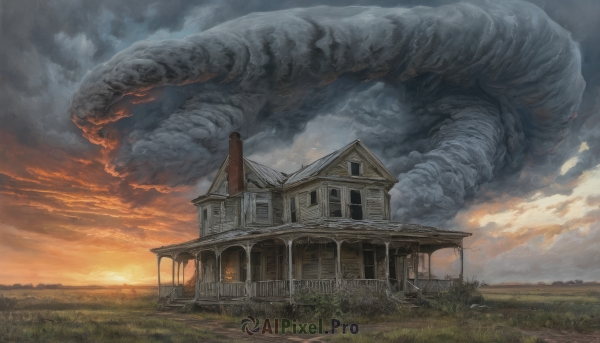 outdoors,sky,cloud,tree,no humans,window,sunlight,cloudy sky,grass,building,scenery,sunset,snake,fantasy,sun,house,oversized animal,fire,monster,ruins