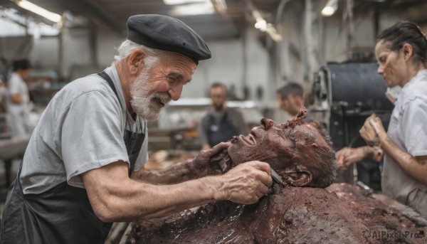 short hair,open mouth,brown hair,shirt,black hair,hat,closed eyes,white shirt,white hair,short sleeves,male focus,lying,multiple boys,teeth,collared shirt,indoors,blurry,looking at another,uniform,apron,from side,black headwear,profile,muscular,blurry background,facial hair,beret,3boys,beard,veins,4boys,realistic,mustache,bald,manly,old,old man,arm hair,strangling,black apron,ceiling light,wrinkled skin,veiny arms,smile,closed mouth,upper body,grey hair,glasses,blood,depth of field,blue headwear,6+boys,employee uniform