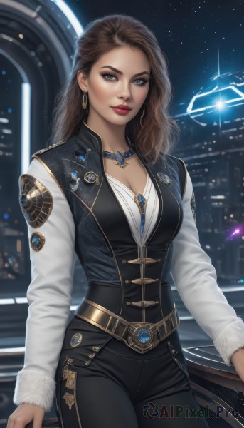 1girl,solo,long hair,breasts,looking at viewer,brown hair,shirt,long sleeves,cleavage,brown eyes,jewelry,medium breasts,closed mouth,standing,white shirt,cowboy shot,earrings,sky,belt,pants,necklace,vest,lips,makeup,night,wavy hair,black pants,lipstick,building,gem,star (sky),night sky,pendant,eyeshadow,starry sky,black vest,hoop earrings,realistic,nose,red lips,eyeliner,spacecraft,artist name,mole,grey eyes,city,emblem,badge