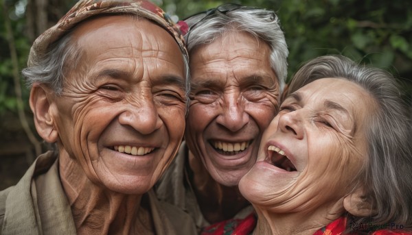 1girl,smile,open mouth,closed eyes,white hair,:d,grey hair,outdoors,multiple boys,teeth,2boys,grin,blurry,lips,blurry background,portrait,realistic,laughing,old,heads together,old man,cheek-to-cheek,old woman,wrinkled skin,looking at viewer,multiple girls,hair ornament,hat,2girls,3girls,scar,3boys,facing viewer