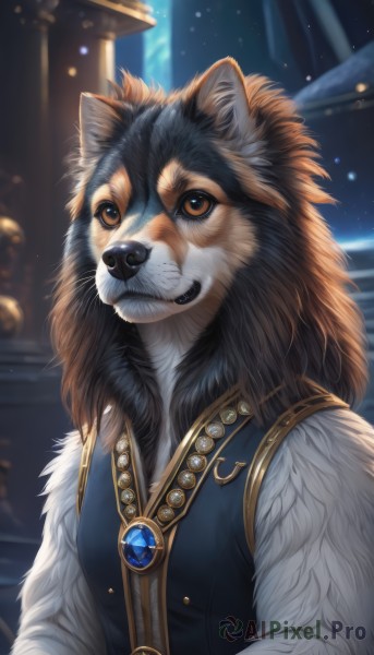 solo,1boy,brown eyes,jewelry,upper body,male focus,outdoors,teeth,artist name,signature,necklace,blurry,vest,no humans,night,blurry background,animal,looking up,brooch,gem,furry,dog,furry male,animal focus,looking at viewer,brown hair,animal ears,closed mouth,sky,watermark,star (sky),pendant,white fur,snout,brown fur