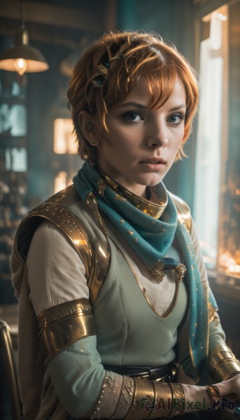 1girl,solo,looking at viewer,short hair,bangs,blue eyes,brown hair,hair ornament,gloves,jewelry,sitting,upper body,earrings,indoors,scarf,armor,blurry,lips,depth of field,blurry background,chair,freckles,realistic,nose,blue scarf,long sleeves,closed mouth,hairband,artist name,cape,tiara,chainmail