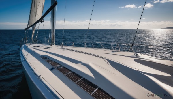 outdoors,sky,day,cloud,water,blue sky,no humans,shadow,ocean,beach,scenery,horizon,road,watercraft,power lines,waves,utility pole,boat,shore,monochrome,cloudy sky,ship,dock