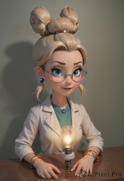 1girl,solo,looking at viewer,smile,short hair,blue eyes,blonde hair,shirt,long sleeves,jewelry,upper body,earrings,parted lips,glasses,necklace,hair bun,bracelet,aqua eyes,lips,fingernails,eyelashes,shadow,table,single hair bun,blue shirt,child,forehead,hair tie,round eyewear,labcoat,female child,rimless eyewear,light bulb,aqua shirt,open mouth,simple background,twintails,aged down,updo