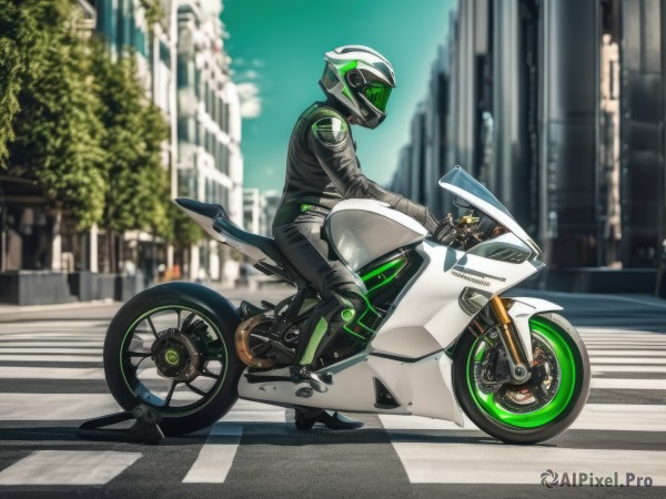 solo,gloves,1boy,jacket,male focus,outdoors,day,pants,black footwear,blurry,from side,black jacket,bodysuit,depth of field,blurry background,black pants,helmet,ground vehicle,building,motor vehicle,city,road,motorcycle,street,biker clothes,motorcycle helmet,on motorcycle,looking at viewer,boots,sky,tree,riding,leather,leather jacket,photo background