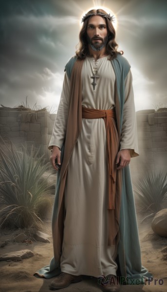 solo,long hair,looking at viewer,brown hair,long sleeves,1boy,brown eyes,jewelry,standing,full body,male focus,outdoors,sky,cloud,necklace,cape,sash,facial hair,brown footwear,sunlight,cloudy sky,cross,beard,robe,light rays,rock,realistic,mustache,arms at sides,sun,cross necklace,1girl,boots,halo,parody,head wreath,tunic