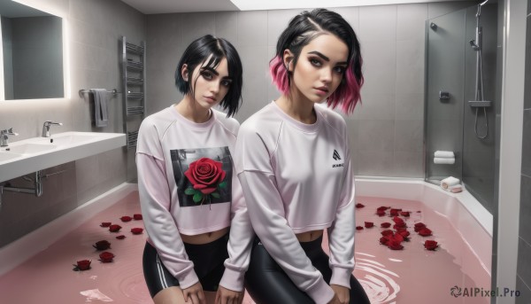 looking at viewer,short hair,multiple girls,shirt,black hair,long sleeves,navel,2girls,brown eyes,closed mouth,white shirt,pink hair,flower,multicolored hair,cowboy shot,shorts,midriff,indoors,water,black eyes,two-tone hair,lips,crop top,petals,makeup,rose,black shorts,piercing,red flower,bike shorts,ear piercing,dual persona,eyeshadow,reflection,red rose,mirror,realistic,nose,door,tiles,bathroom,bathtub,rose petals,toilet,sink,faucet,hands on own thighs,petals on liquid,breasts,sitting,small breasts,pants,sleeves past wrists,gradient hair,t-shirt,bath,print shirt