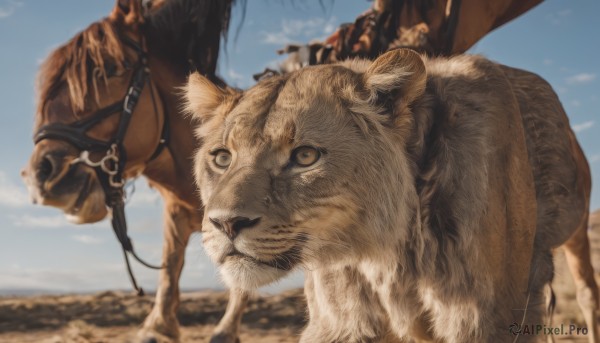 outdoors,sky,day,cloud,blurry,blue sky,no humans,depth of field,blurry background,animal,realistic,riding,animal focus,horse,desert,lion,saddle,horseback riding,reins