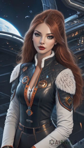 1girl,solo,long hair,breasts,looking at viewer,brown hair,gloves,long sleeves,cleavage,brown eyes,jewelry,medium breasts,earrings,parted lips,lips,fur trim,bodysuit,makeup,lipstick,eyeshadow,zipper,science fiction,red lips,space,planet,earth (planet),spacecraft,closed mouth,jacket,upper body,ponytail,artist name,signature,necklace,vest,star (sky),pendant,realistic,nose,emblem,badge