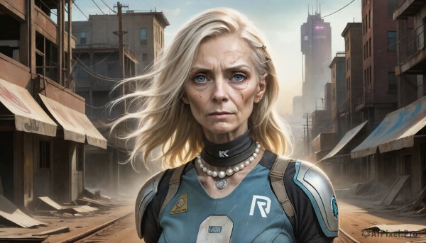 HQ,1girl,solo,long hair,breasts,looking at viewer,blue eyes,blonde hair,jewelry,upper body,earrings,outdoors,sky,day,medium hair,necklace,armor,lips,bodysuit,scar,piercing,wind,building,science fiction,city,sign,realistic,nose,road,power lines,dirty,street,pearl necklace,dirty face,cityscape