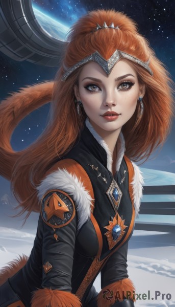 1girl,solo,long hair,breasts,looking at viewer,blue eyes,brown hair,gloves,brown eyes,jewelry,tail,upper body,earrings,parted lips,sky,orange hair,lips,fur trim,makeup,tiara,lipstick,gem,star (sky),snow,eyeshadow,starry sky,freckles,red lips,space,planet,ponytail,artist name,eyelashes,watermark,realistic,headpiece,badge