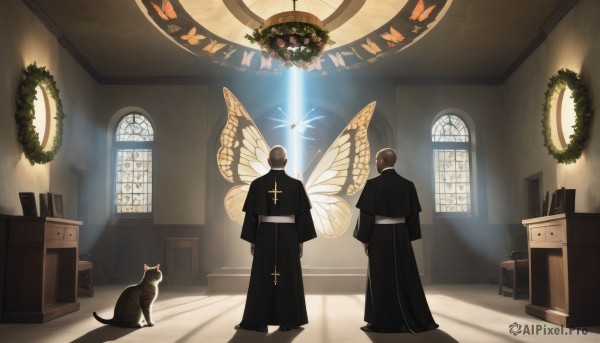 brown hair,long sleeves,jewelry,standing,male focus,multiple boys,wings,indoors,2boys,necklace,from behind,black dress,book,window,shadow,animal,chair,sunlight,cat,cross,bug,plant,butterfly,robe,light rays,facing away,nun,fairy,cross necklace,butterfly wings,stained glass,church,black robe,window shade,priest,capelet,glowing,desk,black cat,statue