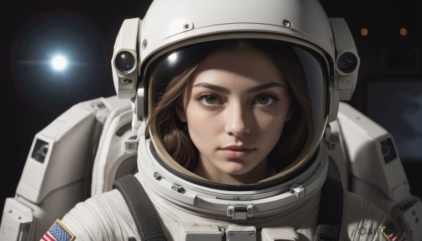 1girl,solo,looking at viewer,brown hair,brown eyes,closed mouth,upper body,lips,helmet,portrait,lens flare,freckles,reflection,science fiction,realistic,nose,space,american flag,spacesuit,space helmet,astronaut,short hair,moon,serious,straight-on,planet,earth (planet),japanese flag