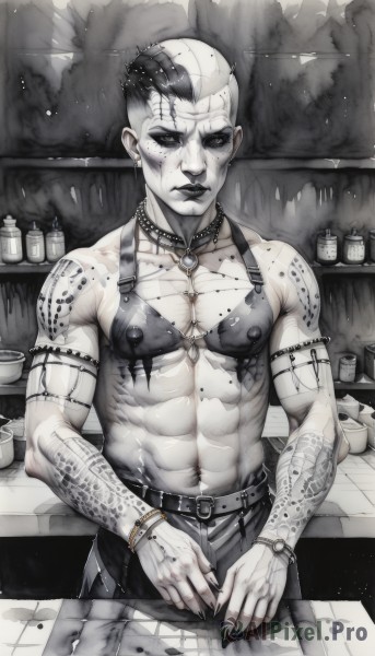 solo,looking at viewer,short hair,1boy,navel,jewelry,closed mouth,nipples,standing,collarbone,monochrome,greyscale,male focus,cowboy shot,earrings,belt,pants,indoors,necklace,bracelet,blood,tattoo,makeup,muscular,scar,piercing,abs,ring,pectorals,muscular male,ear piercing,spikes,o-ring,spot color,topless male,watch,injury,wristwatch,arm tattoo,nipple piercing,very short hair,undercut,navel piercing,mohawk,lip piercing,black hair,multicolored hair,nail polish,bottle,colored sclera,freckles,black sclera,stitches,sink,nose piercing,eyebrow piercing