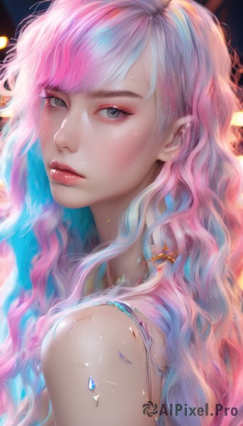 1girl,solo,long hair,looking at viewer,bangs,bare shoulders,jewelry,closed mouth,blue hair,upper body,pink hair,multicolored hair,artist name,from side,two-tone hair,lips,grey eyes,eyelashes,makeup,wavy hair,lipstick,portrait,eyeshadow,freckles,realistic,nose,mascara,blush,green eyes,earrings,necklace,gradient hair,swept bangs,cross,gem,pink lips,red lips,eyeliner