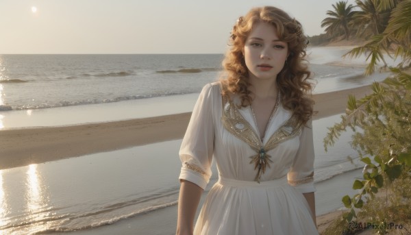 1girl,solo,long hair,breasts,looking at viewer,brown hair,dress,brown eyes,jewelry,standing,upper body,short sleeves,outdoors,parted lips,day,water,necklace,white dress,tree,lips,ocean,wavy hair,beach,sunlight,plant,backlighting,curly hair,realistic,arms at sides,shore,earrings,scenery