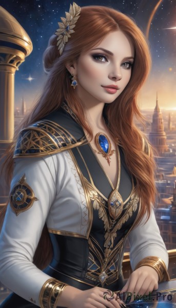 1girl,solo,long hair,breasts,looking at viewer,smile,brown hair,hair ornament,long sleeves,dress,cleavage,brown eyes,jewelry,medium breasts,upper body,flower,earrings,sky,hair flower,necklace,hair bun,nail polish,lips,makeup,night,watermark,gem,star (sky),night sky,starry sky,gold trim,realistic,nose,fantasy,sitting,black dress,instrument,black nails,music,playing instrument