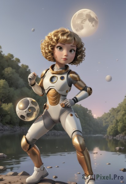 1girl,solo,looking at viewer,short hair,blonde hair,brown hair,brown eyes,standing,full body,outdoors,sky,water,armor,tree,lips,hand on hip,bodysuit,night,moon,clenched hand,star (sky),nature,full moon,reflection,science fiction,curly hair,rock,planet,lake,spacesuit,space helmet,astronaut,ball,joints