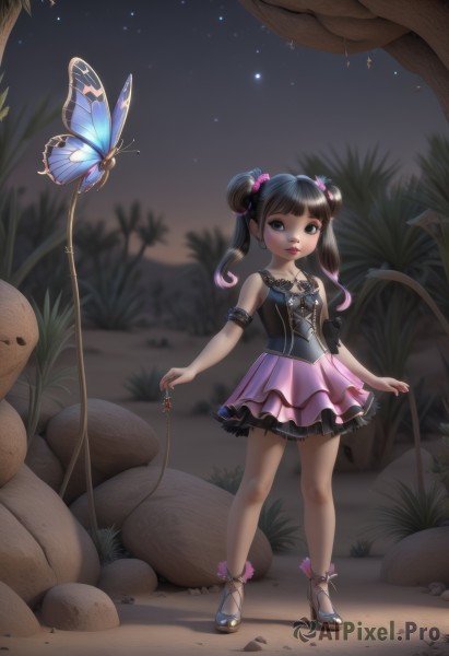 1girl,solo,long hair,looking at viewer,bangs,skirt,black hair,hair ornament,dress,holding,bare shoulders,twintails,brown eyes,jewelry,standing,full body,outdoors,frills,parted lips,sky,shoes,sleeveless,artist name,blunt bangs,necklace,hair bun,blurry,black eyes,high heels,flat chest,lips,double bun,makeup,night,grass,bug,frilled skirt,plant,lipstick,staff,butterfly,star (sky),night sky,armband,armlet,pink skirt,starry sky,red lips,layered skirt,mushroom,arm garter,blue eyes,brown hair,shirt,pink hair,tree,child,corset,key