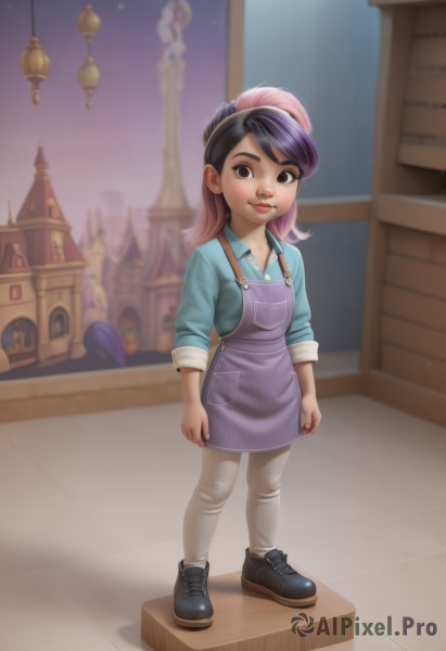 1girl,solo,long hair,looking at viewer,smile,bangs,shirt,black hair,long sleeves,brown eyes,closed mouth,standing,full body,ponytail,pink hair,purple hair,multicolored hair,outdoors,shoes,collared shirt,pants,artist name,black footwear,blurry,apron,two-tone hair,lips,night,blurry background,aged down,blue shirt,child,sleeves rolled up,white pants,female child,overalls,blue overalls,nail polish,watermark,denim,sneakers,pocket