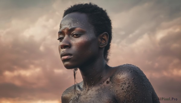 1girl,solo,short hair,black hair,1boy,brown eyes,upper body,male focus,nude,parted lips,sky,cloud,dark skin,black eyes,dark-skinned female,lips,cloudy sky,portrait,realistic,dirty,very dark skin,looking at viewer,closed mouth,outdoors,colored skin,dark-skinned male,very short hair,grey skin,bodypaint,buzz cut