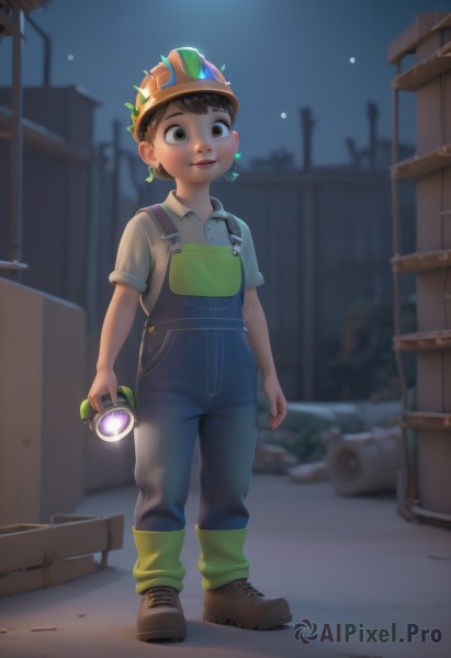 solo,smile,short hair,brown hair,shirt,1boy,holding,brown eyes,standing,full body,white shirt,short sleeves,male focus,earrings,outdoors,shoes,collared shirt,night,glowing,brown footwear,crown,child,overalls,male child,flashlight,blue overalls,looking at viewer,black hair,hat,jewelry,boots,parted lips,sky,socks,blurry,blurry background,lamppost