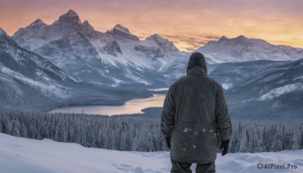 solo,black hair,gloves,long sleeves,1boy,standing,jacket,male focus,outdoors,sky,black gloves,pants,cloud,hood,from behind,tree,coat,nature,scenery,snow,1other,forest,sunset,mountain,winter clothes,facing away,winter,mountainous horizon,ambiguous gender,lake,orange sky,black jacket,hood up,landscape