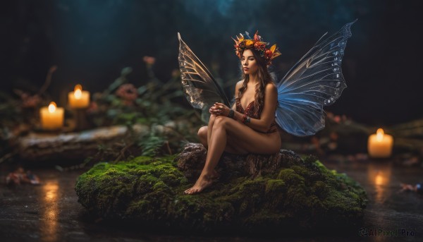 1girl,solo,long hair,breasts,blue eyes,large breasts,brown hair,hair ornament,cleavage,bare shoulders,jewelry,medium breasts,sitting,braid,flower,outdoors,wings,barefoot,hair flower,water,blurry,twin braids,bracelet,tree,lips,night,blurry background,nature,lantern,realistic,fairy wings,fairy,head wreath,river,butterfly wings,lake,black hair,nude,pointy ears,nail polish,orange eyes,makeup,depth of field,bug,lipstick,red lips,dirty,insect wings,dirty feet