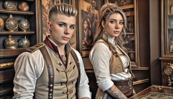 long hair,breasts,looking at viewer,short hair,blue eyes,multiple girls,blonde hair,brown hair,shirt,2girls,brown eyes,jewelry,upper body,ponytail,multicolored hair,earrings,indoors,necklace,vest,lips,grey eyes,tattoo,makeup,lipstick,corset,sleeves rolled up,nose,arm tattoo,shelf,brown vest,steampunk,1girl,1boy,white shirt,pointy ears,belt,signature,book,suspenders,asymmetrical hair,realistic,red lips,undercut,portrait (object)