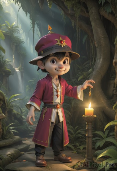 solo,looking at viewer,smile,brown hair,black hair,1boy,hat,brown eyes,jewelry,closed mouth,standing,full body,male focus,outdoors,shoes,pants,necklace,tree,brown footwear,sunlight,plant,nature,forest,light rays,lantern,fantasy,candle,male child,short hair,coat,watermark,black pants,fire,robe,purple headwear